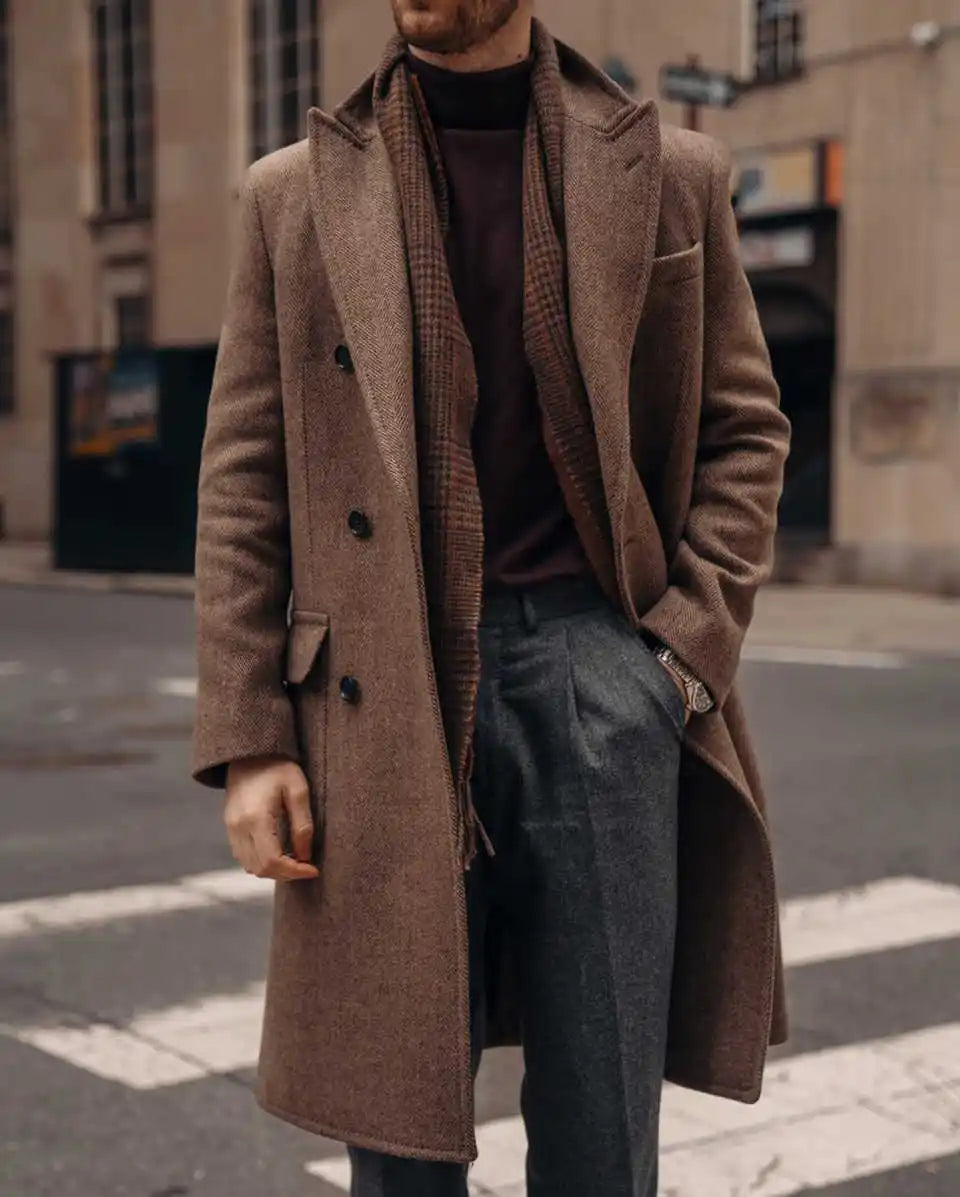 Casual Men Long Coat Double Breasted Wool Blends Business Formal Overcoat Peaked Lapel  Winter Warm Jacket Customized