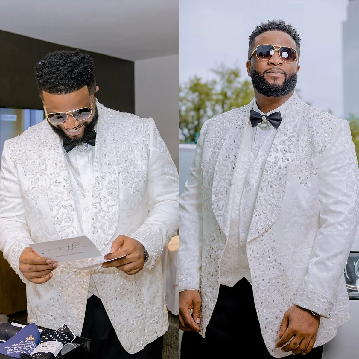 Luxury Men Suits Tailor-Made 2 Pieces Appliques Shawl Lapel Jacket Jacquard Rhinestone Blazer One Button Customized Coat Pants