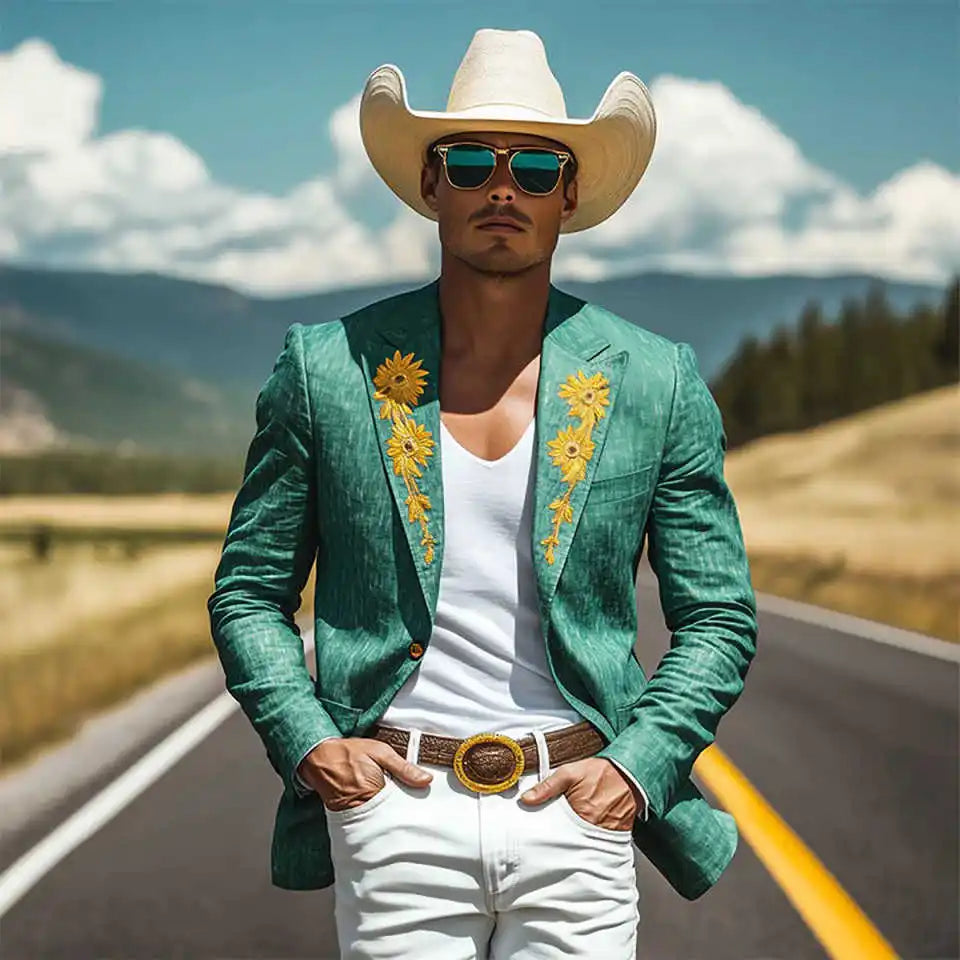 Tailored Mens Jacket Gold Flowers Cowboy Slim Fit One Button Tuxedos Male Pants Sets Customized One Piece