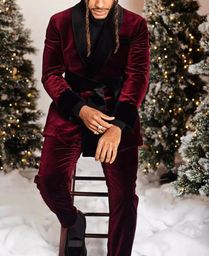 Velvet Burgundy Men Suit Tailor-Made 2 Pieces Blazer Pants Lapel With Belt Fit Slim Formal Business Causal Party Host Tailored