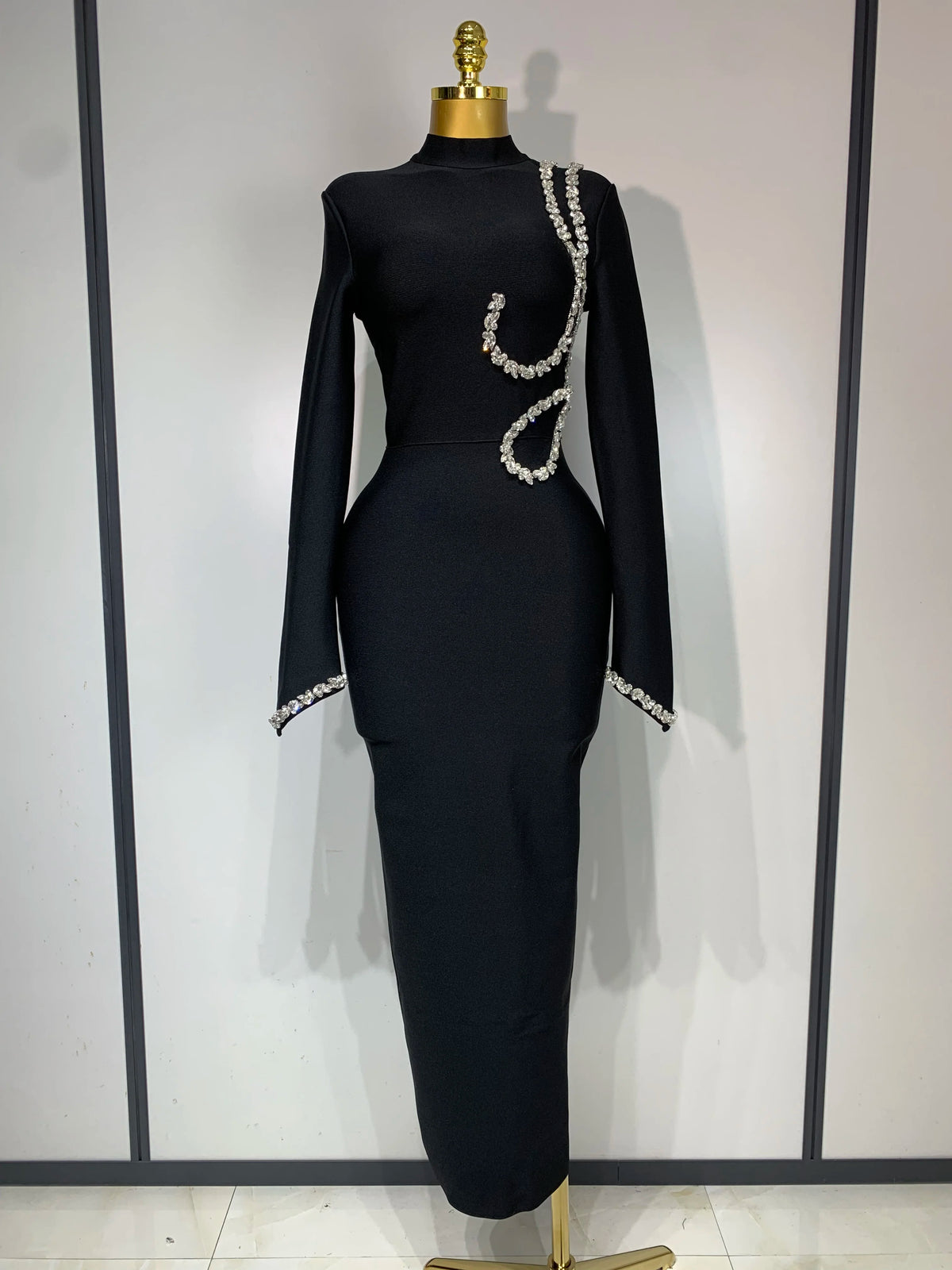 Women Sexy Long Sleeve Diamonds Maxi Long Bodycon Bandage Dress Celebrity Elegant Evening Party Luxury Birthday Dresses