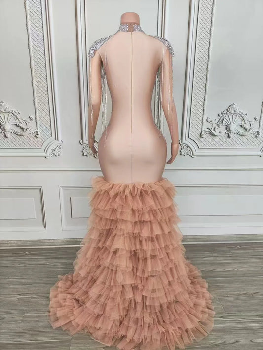 Sexy Luxury Sparkle Rhinestones Champagne Mesh Tail Dress Women Celebrate Gown Singer Stage Catwalk Festival Concert Costume