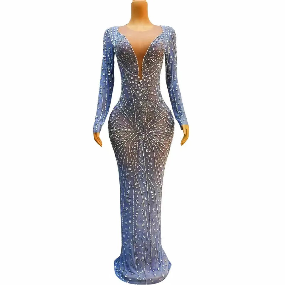 Sexy Stage Bling Silver Rhinestones Birthday Celebrate Blue Dress Dance Stretch Crystals Outfit Prom Singer Dance Collections