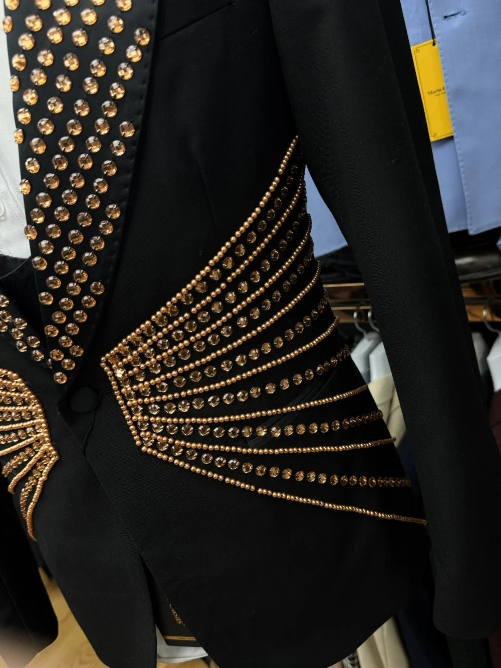 Celebrity Golden Rhinestones Men's Suit Customized Single Breasted Handsome Formal Banquet Jacket Vest Pants Groom Wear