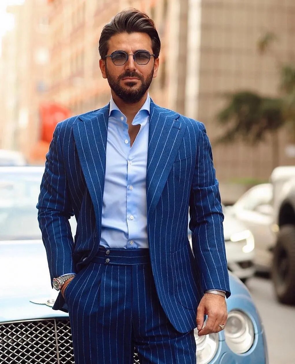Conjunto de blazer a rayas azules para novio, traje de boda para hombre, frac entallado, 2 piezas, vestido personalizado de talla grande (chaqueta + pantalón) 