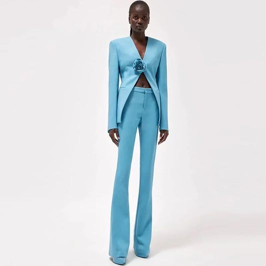 New Fashionable 3D Flower Print Suit Jacket and Trousers Two-Piece Set Women's Elegant European and American Celebrity Styl