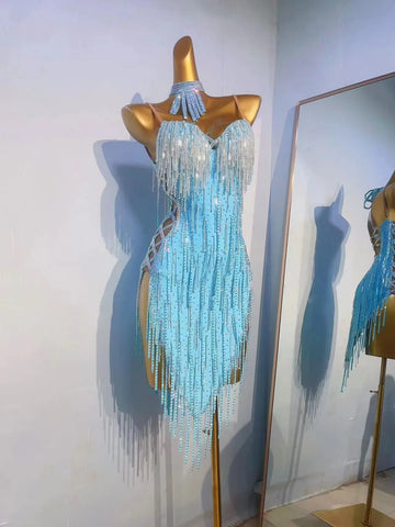 Latin Dance Dress for Women's High End Customized Size Chacha Tango Children's Performance Competition Thick Tassel Dress