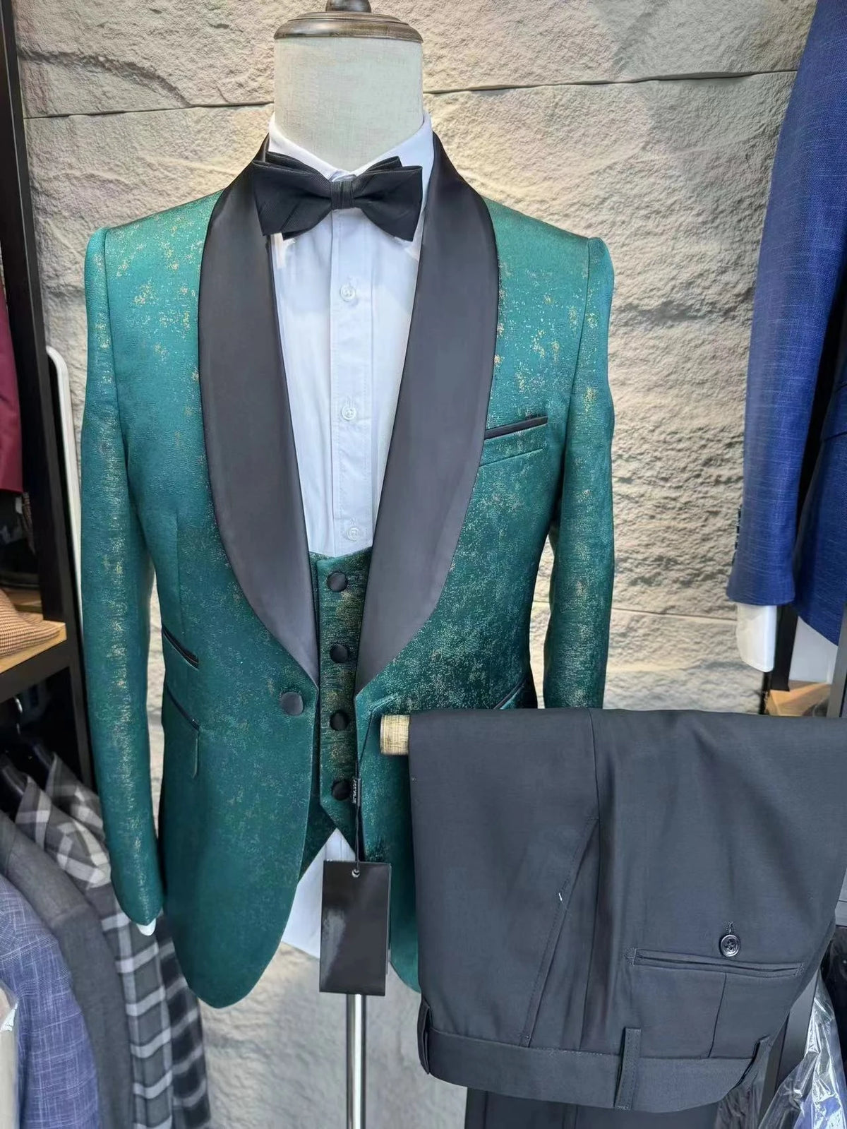Ensemble de costume 3 pièces en jacquard tendance, blazer à manches longues et un bouton, smoking pour témoin de mariage