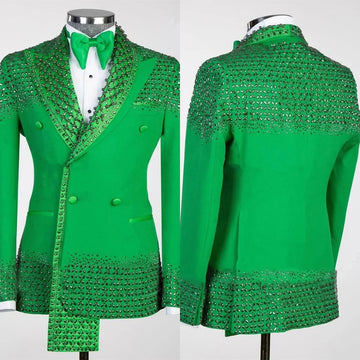 Elegant Men Suits Peaked Lapel Tailor-Made 2 Pieces Set Beading Rhinestone Double Breasted Blazer Customized Jacket Black Pants