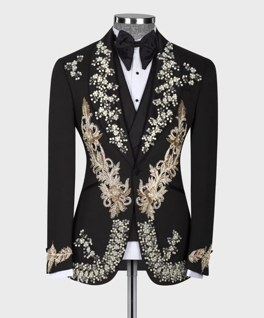 Customized Luxury Men Suit 2 Pieces Blazer Vest Tuxedo Appliques Sequins Beaded Slim Fit Wedding Groom Formal Occasions Prom