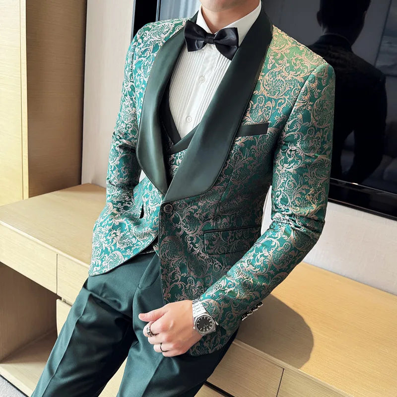 Men's British Style Business Casual Three-Piece Suit Vest Trousers High-Density Jacquard Wedding Dress