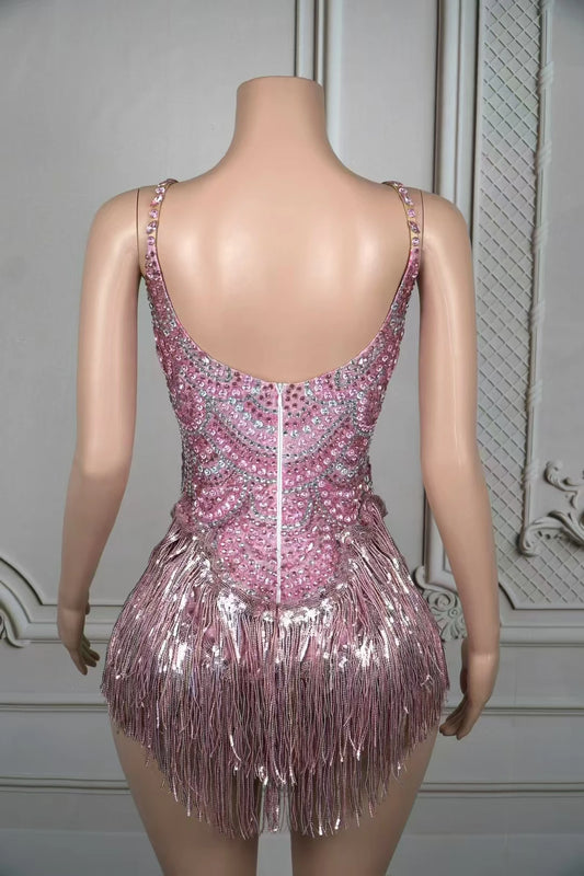 Justaucorps à franges et strass roses scintillants pour femme, tenue de spectacle sexy à pompons, pour boîte de nuit, chanteuse, danseuse, tenue de scène