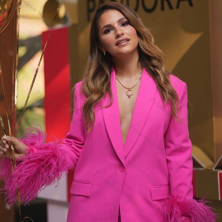 Conjunto de pantalón y chaqueta rosa intenso para mujer, con plumas, manga larga, pierna ancha, talla grande, para oficina, fiesta y graduación 