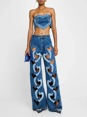 Hit Color Set for Women Strapless Sleeveless Love Patchwork Sexy Vest Wide Leg Hollow Out Jeans Fashion Set Female