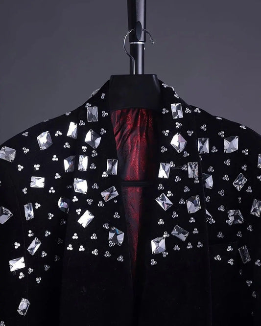 Big Crystal Men Wedding Tuxedos Beading Groom Wear Tailored Birthday Party Prom Jacket Outfits One Piece