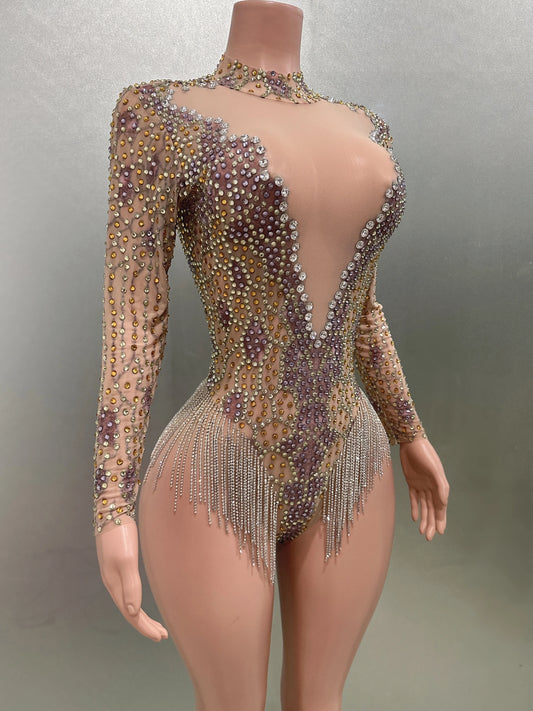 Body sexy con borlas y cadena de diamantes de colores brillantes para fiestas nocturnas, actuaciones, bares, discotecas, cantantes y bailarinas.