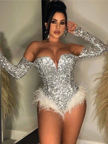 Sexy Sparkly Sequin Bodysuit Women Party Nightclub Dancing One Pieces Romper Feathers Outfit Body Feminino