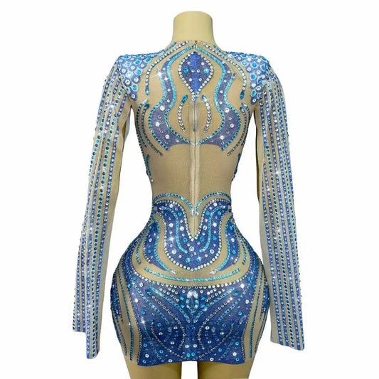 Sexy Transparent Mesh Twinkling Rhinestones Trim fit Dress Cocktail Birthday Party Evening Gown Fashion Show Red carpet Outfit