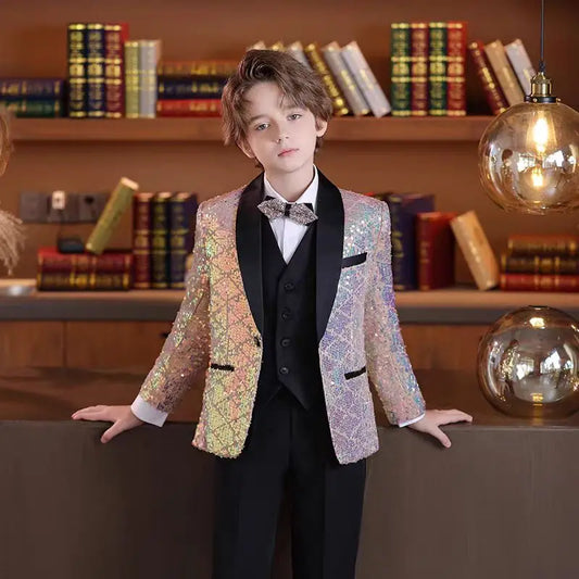 Boys Suit Set Sequin Formal Suit Jacket Vest Pants Set Handsome Flower Boy Mini Suit Jacket Host Piano Performance Costume