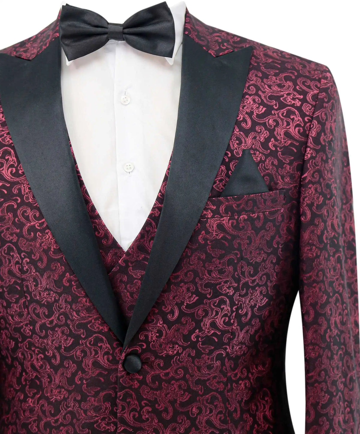 Burgundy Pattern Wedding Men Groom Tuxedos Peaked Lapel Jacket Custom Made Prom Male White Party Coat Jacket Vest Pants Suits