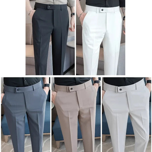 Thin White Elastic Nine Cent Suit Pants for Men,gray Blue Four-side Elastic Comfortable Drape Men's Casual Trousers