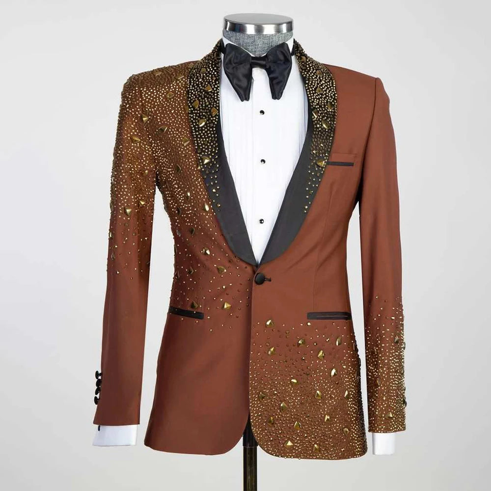 2 Piece Mens Suit Slim Fit Tailor-Made Handmade Beads Diamond Suit Jacket Pants Customized Wedding Formal Occasions Groom Tuxedo