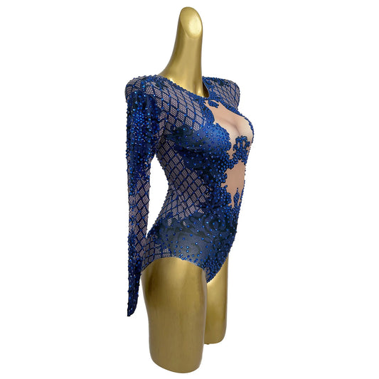 Long Sleeved Spandex Elastic Blue Bodysuit Drag Queen Performer Sparkly Rhinestone Dance Wear Nightclub Party Outfit
