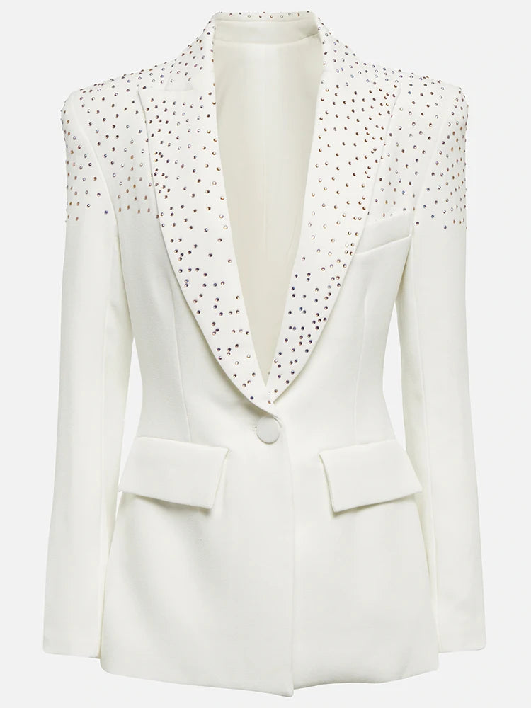 Designer Jacket Women's Slim Fit Single Button Rhinestone Diamonds Beaded Blazer Coats