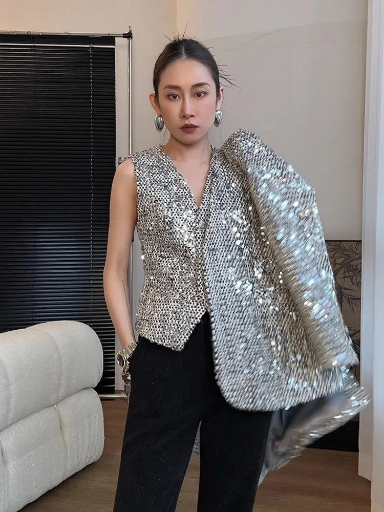 Women Shiny Sequined Tweed Jacket Punk Style Stage Show Mid Long Blazer Suit Coat Loose Fit V Neck Party Outwear Jacket
