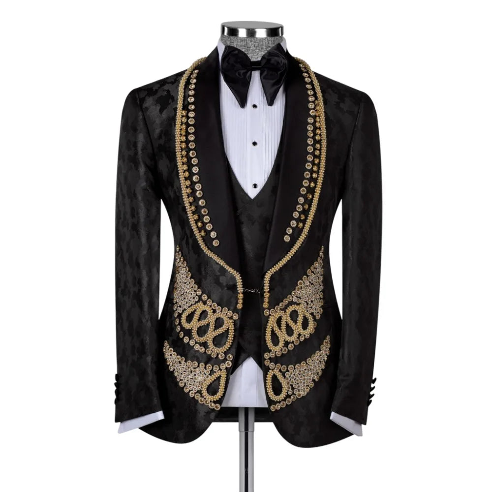 Luxury Jacquard Men Suit 3-Piece Blazer Single Breasted Jacket Beaded Slim Fit Wedding Tuxedo Groom Prom Customized