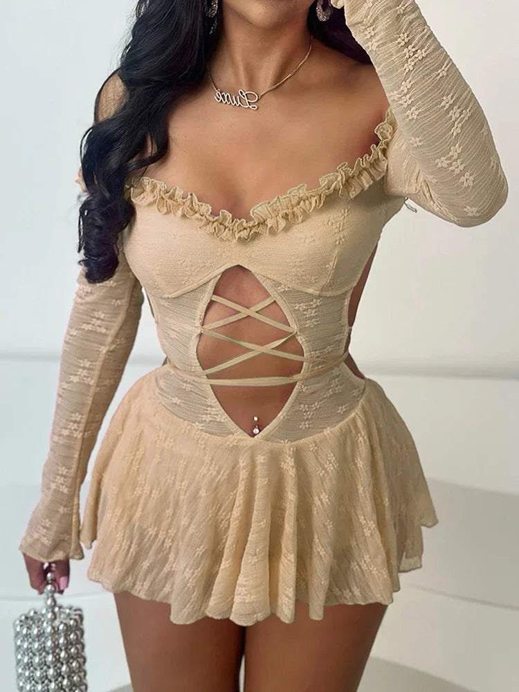 Hollow Lace Backless Dress Slash Neck Sexy Summer Trend Women Thin Bandage Birthday Party Stretch Jacquard Bodycon