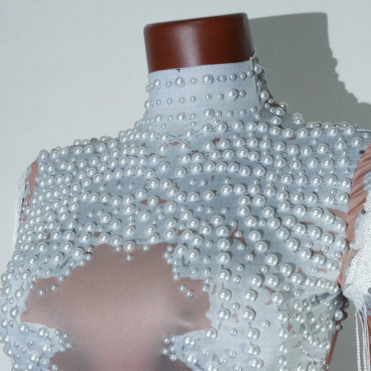 Body à franges en perles blanches, justaucorps de danse en boîte de nuit, tenue de chanteur sur scène, tenue de soirée, tenue de drag queen