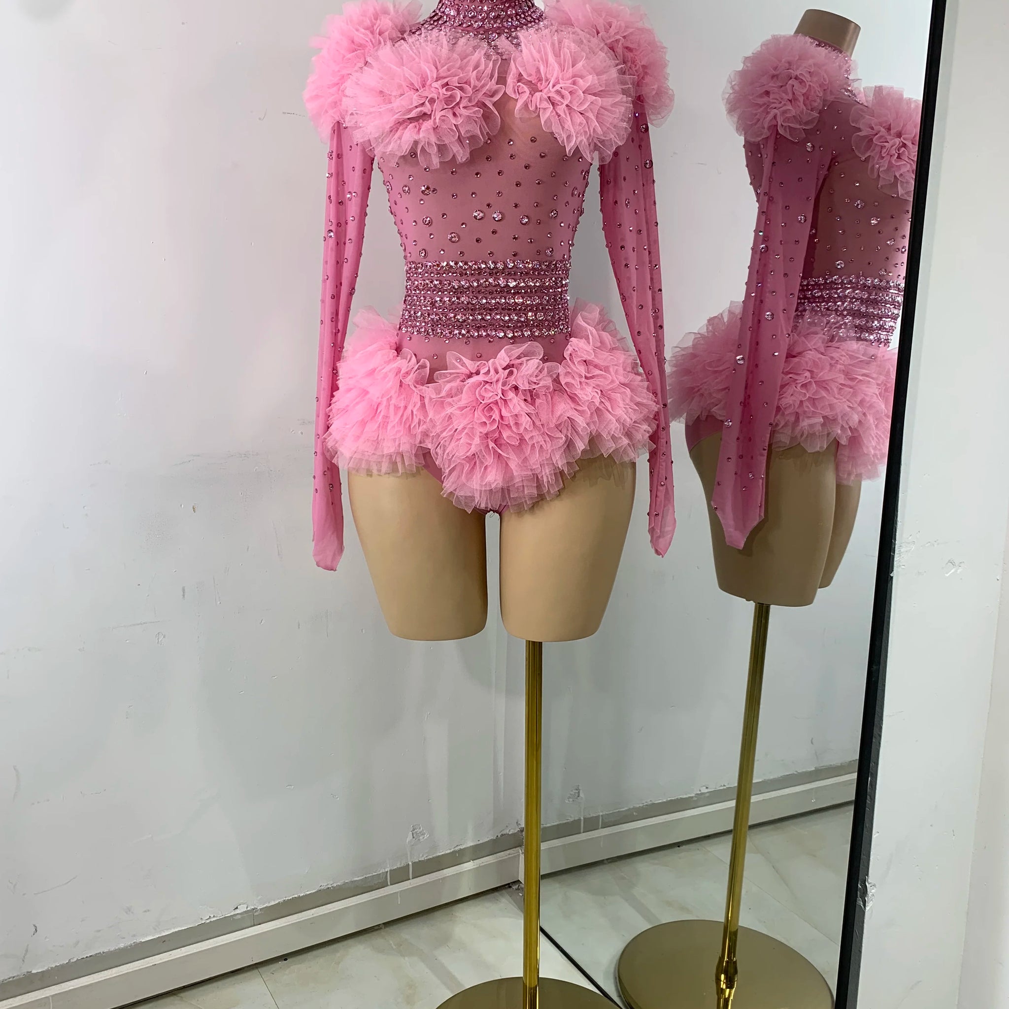 Pink Dimonds Feather Tight Bodysuit Performance See Through Mesh Stage Leotard Nightclub Birthday Celebrate Bar Fashion Outfit