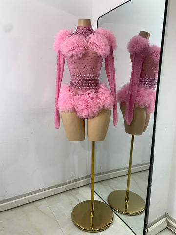 Pink Dimonds Feather Tight Bodysuit Performance See Through Mesh Stage Leotard Nightclub Birthday Celebrate Bar Fashion Outfit