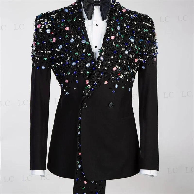 Crystals Black Men Suits Pants Set 2 Pcs Beading Blazer+Trouser Customized Groom Wedding Tuxedo Cotton Formal Office Prom Jacket