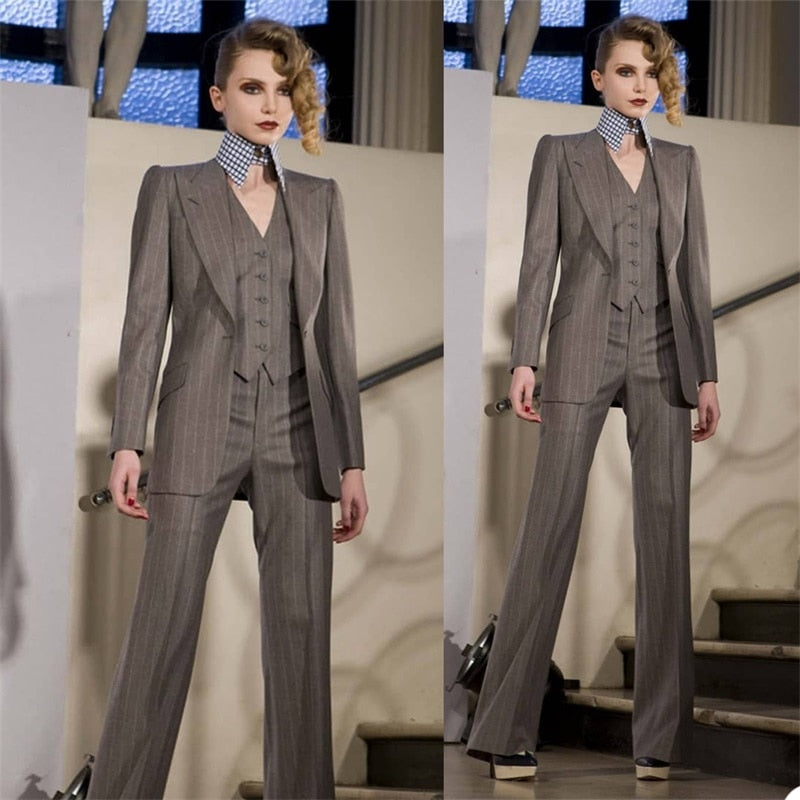 Trajes de mujer a rayas grises, conjuntos de oficina de 3 piezas, de algodón, hechos a medida, blazer, chaleco y pantalones, vestido formal de noche y graduación. 