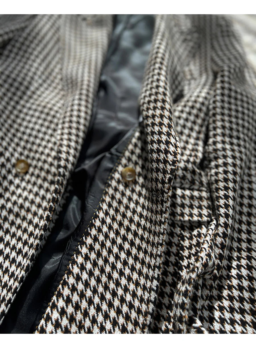 Houndstooth Woolen Blen Dplaid Retro Casual Men's Coat Slim Long Sleeve Belt Suit 2PC