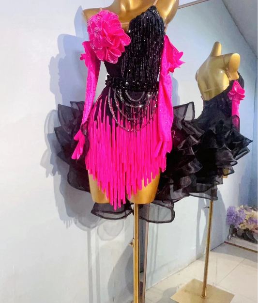 Latin Dance Professional Dress High-end Custom Big Red Flower Black Mesh Skirt Female Adult Standard Stage Clothing