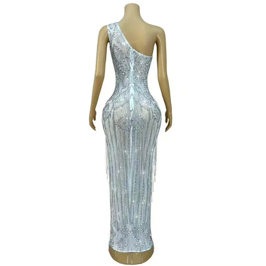 Sparkly Elegant Evening Twinkling Crystals Chains One Shoulder Dress Birthday Party Celebrate Wedding Red Carpet Stage Wear