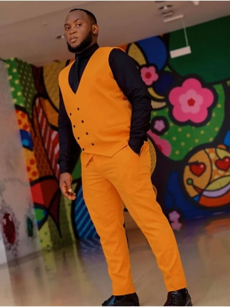 Plus Size Orange Men Suits 2 Pieces Vest+Pant Tuxedos Terno Masculino Slim Fit Tailored Made Dress Trajes De Hombre Blazers