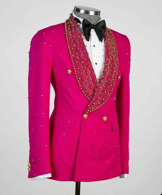 Shiny Men's Wedding Suits Slim Fit Beads Jacket Sets Groom Tuxedos Shawl Lapel Groomsmen Prom Blazers Costume Homme Only Coat