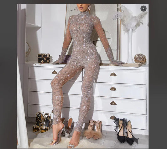 Rhinestone Mesh Jumpsuit in Silver Luxury Women Singer Birthday Party Stage Show Performance Dancer Team Outfit
