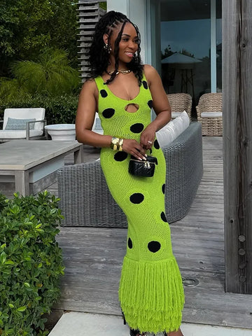 Dot Contrast Green Knitted Long Dress Chic Women's O Neck Sleeveless Tassles Hem Robes New Elegant High Street Wear