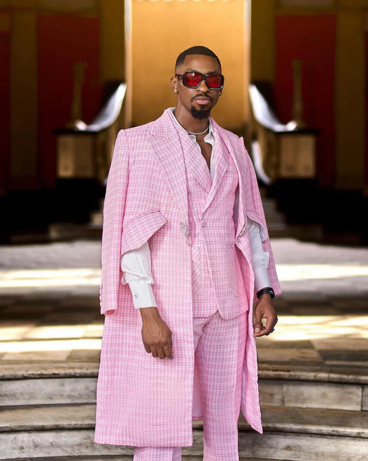 Fashion Men's Suit Pearls Peaked Lapel 3 Pieces Set Jacket Tailor-Made Grid Blazer One Button Customized Coat Pants Overcoat