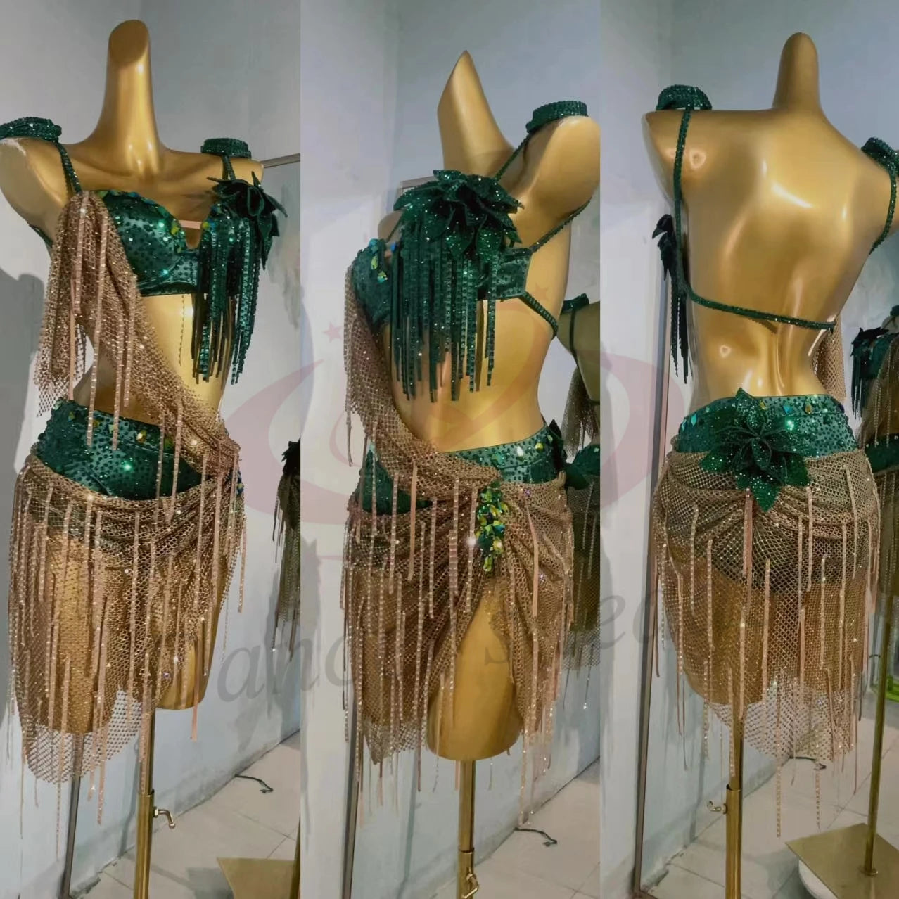 Latin Dance Costume Rhinestone Women's High-end Custom Splicing Color Grid Cloak Tango Samba Performance Dress