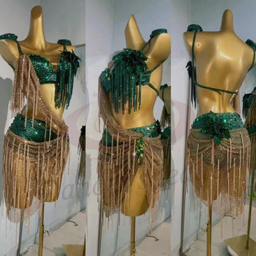 Latin Dance Costume Rhinestone Women's High-end Custom Splicing Color Grid Cloak Tango Samba Performance Dress