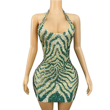 Sexy Sparkly Rhinestones Bandage Backless Dress Women Birthday Celebrate Evening Show Outfit Daily Journey Costume Stage Wear