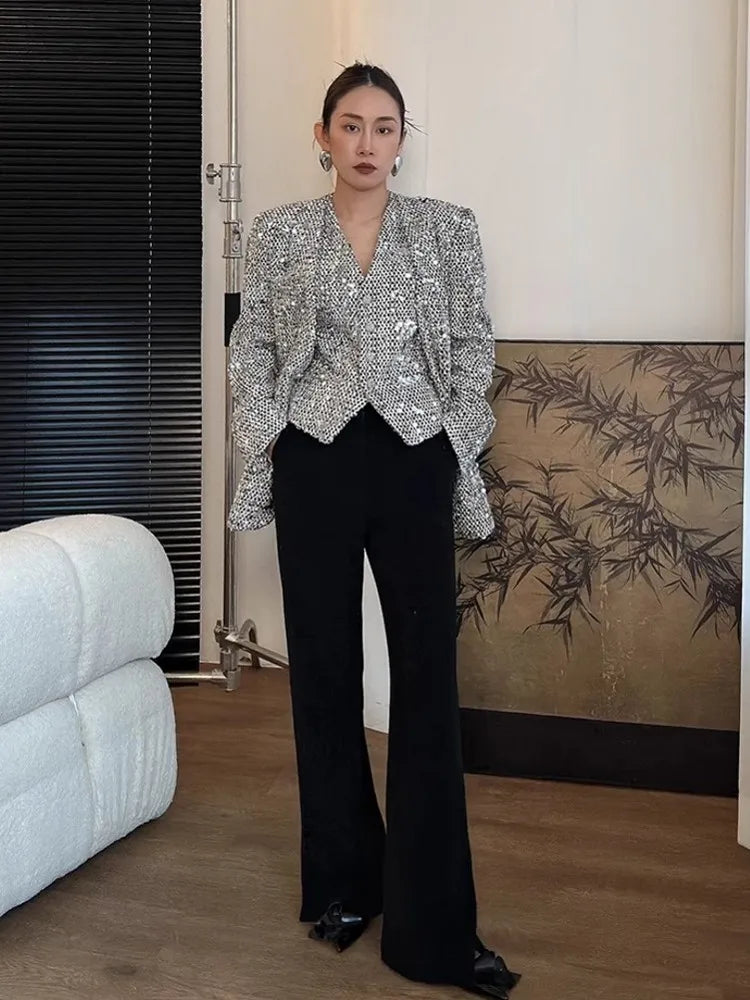 Women Shiny Sequined Tweed Jacket Punk Style Stage Show Mid Long Blazer Suit Coat Loose Fit V Neck Party Outwear Jacket
