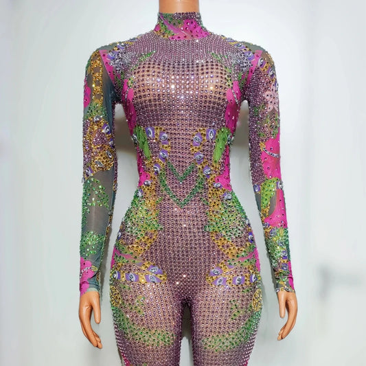 Sparkly Multi-colored Rhinestones Jumpsuit for Women Celebrate Party Birthday Outfit Sexy Dance Performance Costume Stage Wear