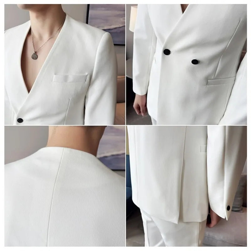 Stylish Men's Suit Coat Collarless V-Neck Solid Wear Style Slim Fit Blazer Jacket Male Black White Blue